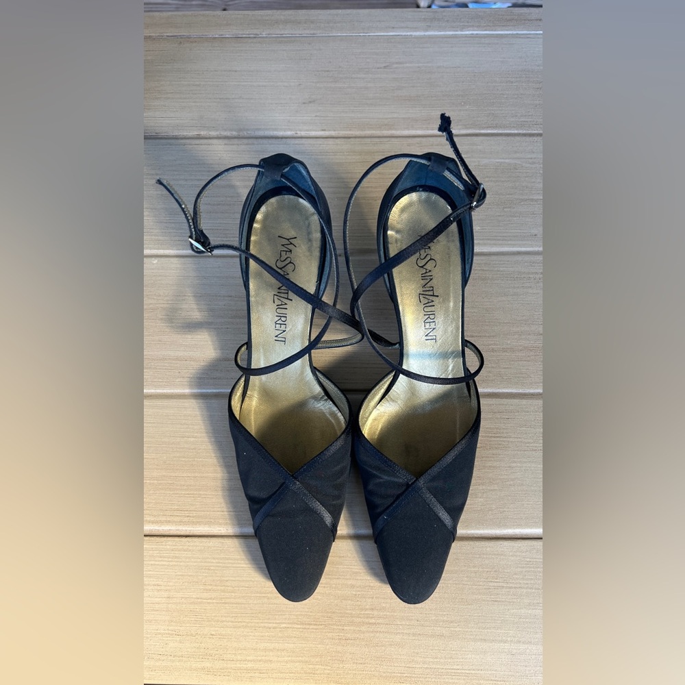Vin- Yves Saint Laurent black satin cross-strap heels Sz 7